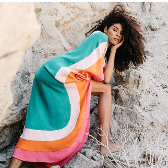 Hester Bly The Nelda Silk Kaftan Palm Springs Pool Colorblock One Size - Picture 9 of 9